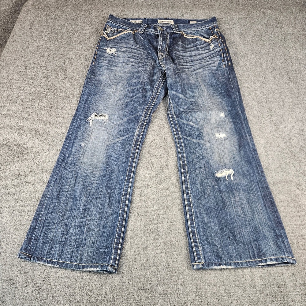 MEK Denim Buckle Exclusive Distressed Button Fly Jeans Mens 34x27 Blue Wash